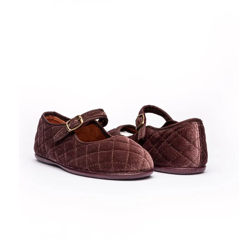 Classic Quilted Velvet Mary Janes in Chestnut