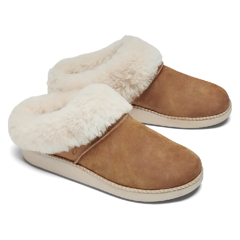 OluKai Women's Ku'i Shearling Lined Slip On Clog Slipper in Tan