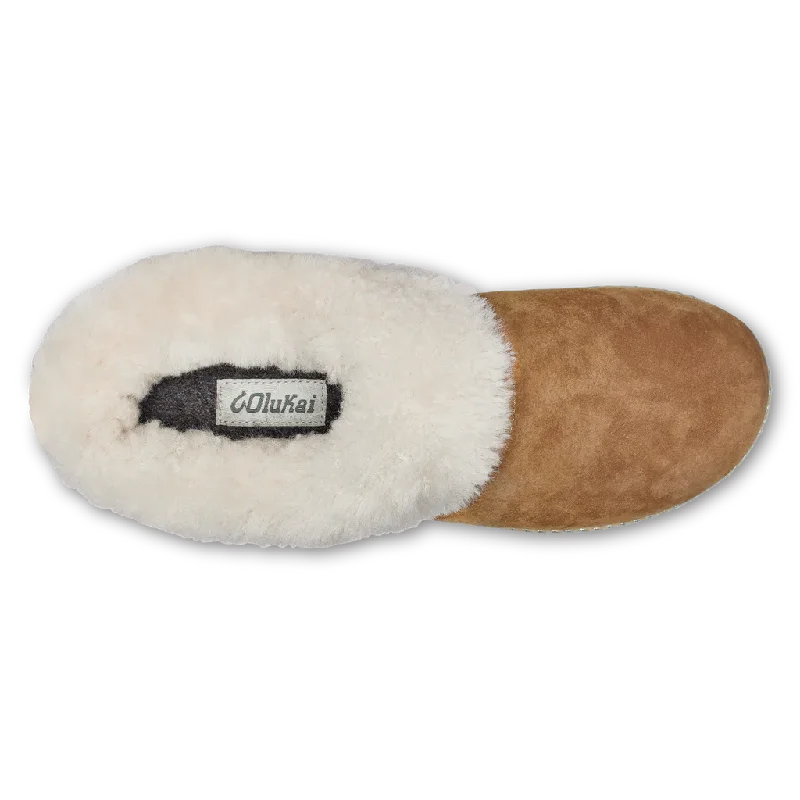 OluKai Women's Ku'i Shearling Lined Slip On Clog Slipper in Tan